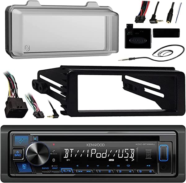 Kenwood - Receptor reproductor de CD USB AUX con funda - Combo con kit de instalación de tablero, control al volante, antena Enrock para motos Harley Touring FLHT FLHX FLHTC 98-2013 KDCBT33 99-9600 ASWC1 EKMR1 HDWS1B