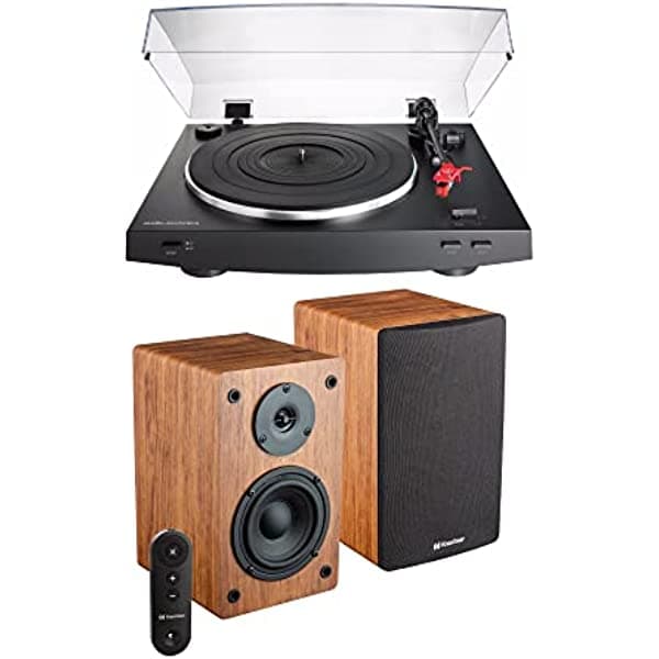 Audio Technica AT-LP3BK - Juego de tocadiscos estéreo con accionamiento por correa totalmente automático con altavoces Knox Gear (2 artículos) AAT-LP3BK-K1