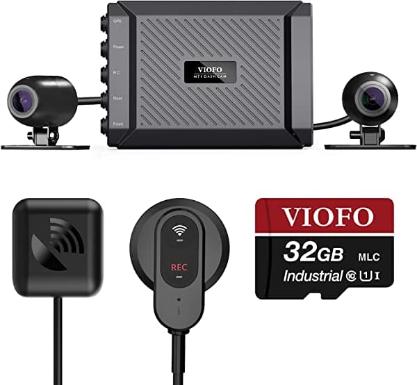 VIOFO MT1 - Cámara frontal y trasera para motocicleta (1080 p, doble canal, impermeable, ángulo de 170 grados, WiFi incorporado, GPS, sensor G, impermeable, encendido/apagado automático, tarjeta SD de 32 GB incluida