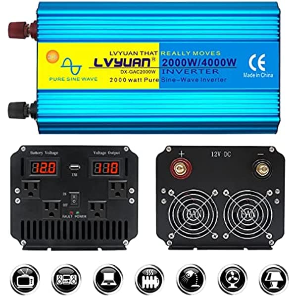 Yinleader 2000 W 4000 W (pico) inversor de corriente de onda sinusoidal pura DC 12 V a 110 V convertidor de CA con doble pantalla LED, 4 salidas de CA, 1 puerto USB para auto, RV, camión, viajes, camping, notebook, azul (2000 W)