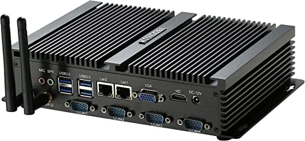 Kingdel PC industrial Windows 11 Pro, mini computadora de escritorio sin ventilador con CPU Intel Celeron de doble núcleo, 8 GB de RAM, 128 GB SSD, 2 NICs, 4 x COM RS232, puerto HD, cuerpo de metal completo