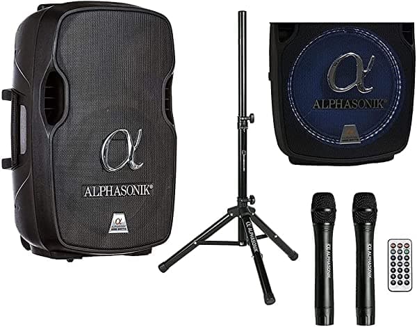 Alphasonik - Altavoz portátil con batería recargable de 1500 W PRO DJ amplificado con 2 micrófonos inalámbricos Echo Bluetooth USB SD Card AUX MP3 FM Radio PA sistema LED anillo Karaoke trípode AKDJ115BAT
