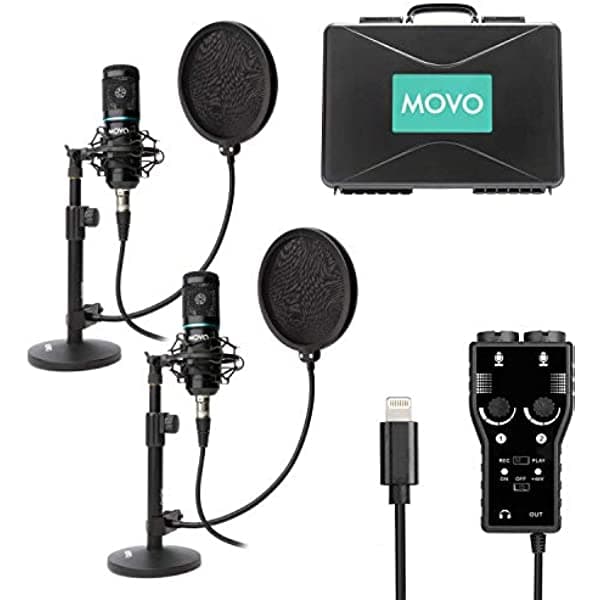 Movo Kit de micrófono de grabación de podcast para smartphone, paquete de 2 micrófonos de condensador, 2 soportes de micrófono de escritorio, 2 filtros pop, interfaz XLR de 2 canales con salida Lightning - Compatible con iPhone, iPad, iOS Mobile-Podcasting-Bundle-DI