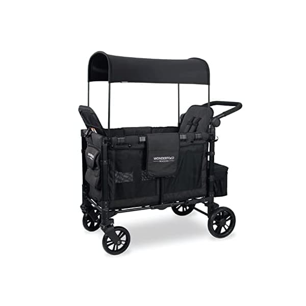 WONDERFOLD W2 Elite - Carro de cochecito doble con 2 asientos altos cara a cara con arneses de 5 puntos, mango de empuje ajustable y toldo de protección UV ajustable en altura, negro volcánico W2ELT