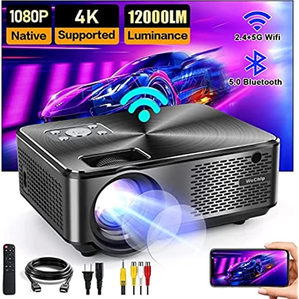Proyector con WiFi 5G y Bluetooth, HD 1080P 8500L soporte para el hogar al aire libre, proyector de video de película 4K pantalla máxima de 300 pulgadas, proyector portátil WeChip compatible con HDMI, VGA, laptop, iOS y teléfono inteligente Android