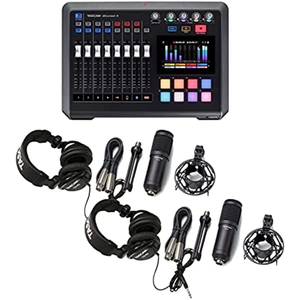 Tascam MIXCAST4B2 - Paquete con dos juegos de micrófonos dinámicos TM-70 y auriculares de estudio TH-02, color negro (TAS TAS MIXCAST4B2