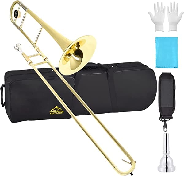 EASTROCK Trombon Tenor Bb Profesional, ideal para Principiantes y Estudiantes, Campana Grande 235mm, Incluye Estuche Rígido, Boquilla, Guantes y Paño de Limpieza, DORADO
