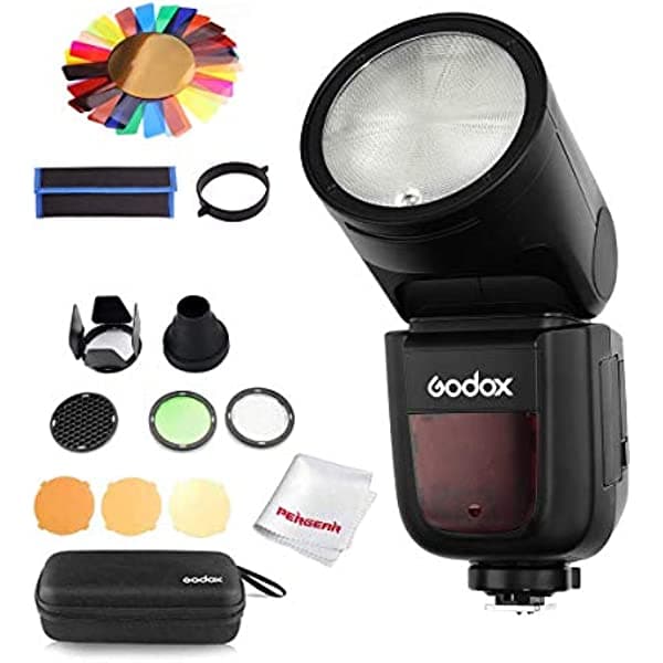 Godox V1-S Flash con Godox AK-R1 Kit Accesorios para Sony, 76Ws GN92 2.4G TTL Round Head Flash Speedlight, 1/8000 HSS, 1.5 Sec. Tiempo de reciclaje, batería Lithimu de 2600 mAh, 10 niveles LED lámpara de modelado V1S+AK-R1+Pergear Color filters
