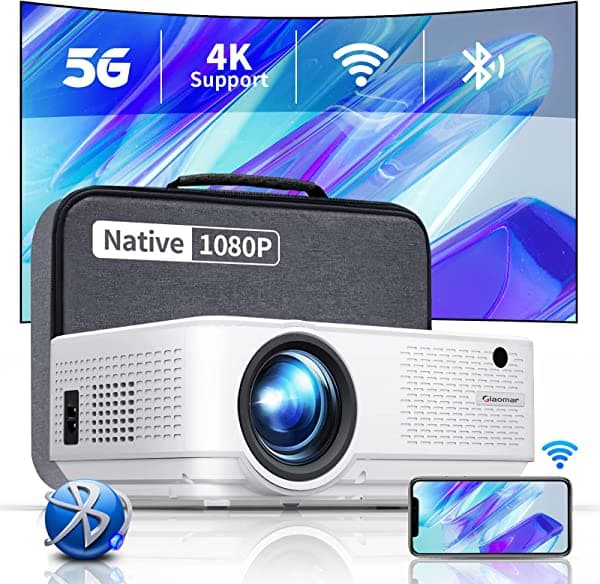 Giaomar Mini proyector, proyector Glisogo con WiFi y Bluetooth nativo 1080P Full HD, compatible con 4K, proyector de película de 1000 L compatible con T-V Stick Smartphone HDMI USB AV, para cine en casa y películas al aire libre C9