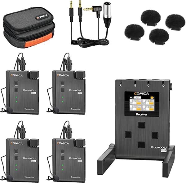 Micrófono inalámbrico UHF Lavalier, Comica BoomX-U2 Qua micrófono inalámbrico para cámara, videocámara, micrófono inalámbrico de solapa con 4 transmisores y 1 receptor para películas, entrevistas y conferencias BOOMX-U QUA