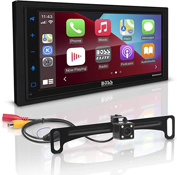 BOSS Audio Systems Elite BV850ACP - Reproductor multimedia para automóvil con Apple CarPlay-Android Auto, doble Din, pantalla táctil capacitiva LCD de 6.75 pulgadas, Bluetooth, USB, AM/FM, sin CD/DVD, cámara trasera incluida