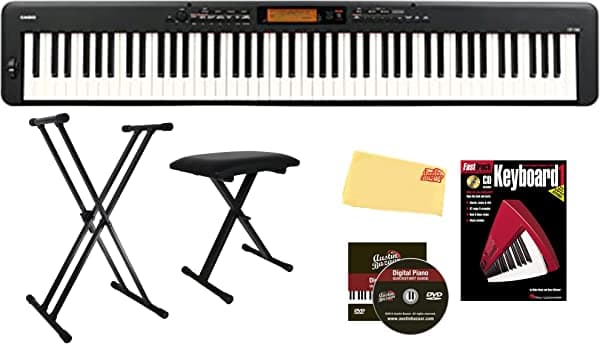 Casio CDP-S360 - Juego de piano digital compacto de 88 teclas con soporte ajustable, banco, libro de instrucciones, DVD instructivo de Austin Bazaar y paño de pulido