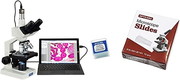 OMAX Microscopio LED de laboratorio digital 40X-2500X (M83EZ-C02) y OPTO-EDU E35.3501 portaobjetos de microscopio en blanco y 100 piezas de vidrio de cubierta cuadrada, vidrio
