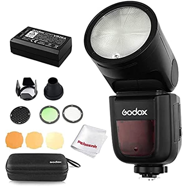 Godox V1-N Flash con Godox AK-R1 Kit Accesorios para Nikon, 76Ws GN92 2.4G TTL Round Head Flash Speedlight, 1/8000 HSS, 1.5 Sec. Tiempo de reciclaje, batería Lithimu de 2600 mAh, 10 niveles LED lámpara de modelado V1N+AK-R1+Pergear Cloth