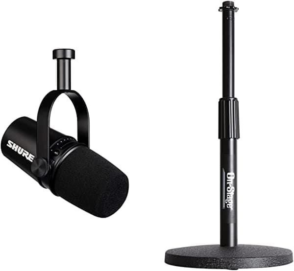 Shure Micrófono USB MV7 + soporte de escritorio en el escenario para podcasting, grabación, transmisión y juegos, salida de auriculares integrada, micrófono dinámico USB/XLR, tecnología de aislamiento de voz, color negro