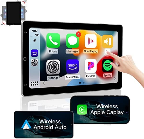 ViaBecs GS2188 Android 10.0 - Estéreo de auto inalámbrico giratorio para Apple CarPlay, doble DIN 4G 64G 36-EQ DSP, central Android con Bluetooth 5.0 en el tablero, navegación WiFi USB AM FM, control en el volante
