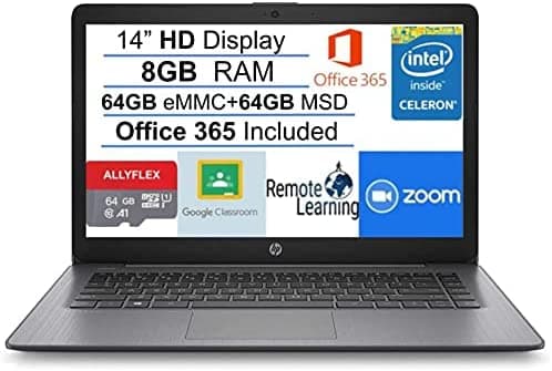 Laptop HP Stream de 14 pulgadas HD SVA Laptop Computer, Intel Celeron N4020, 8 GB de RAM, 128 GB de espacio (64 GB eMMC + 64 GB MSD), Office 365, HDMI, Bluetooth, Windows 10, negro, AllyFlex MP, lista para clase en línea HP STREM 14
