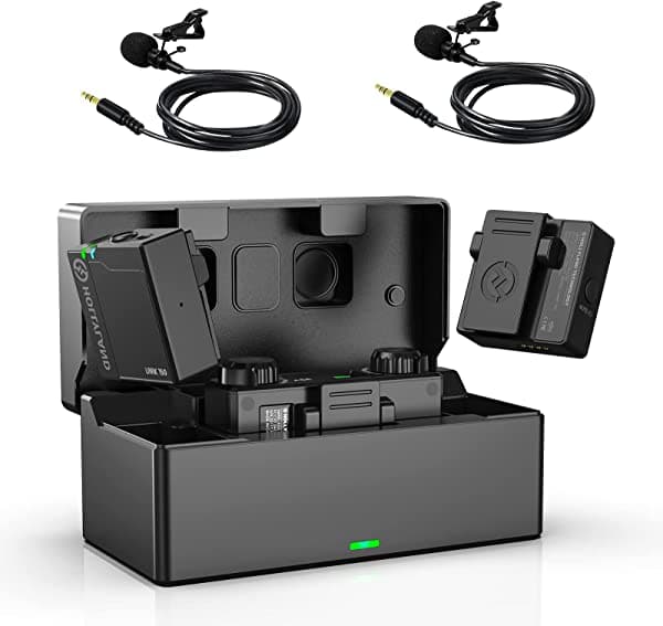 HollyView Micrófono Lavalier inalámbrico Hollyland Lark 150 de doble canal de 2.4 GHz, micrófono de solapa de 328 pies 5 ms estéreo de grabación de audio y video, receptor para cámara, iPhone, entrevista, transmisión, podcast, YouTube