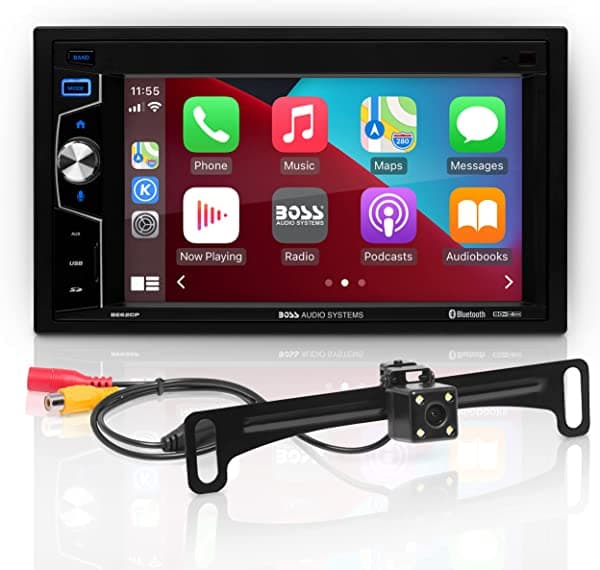 BOSS Audio Systems Elite Series BE62CP-C - Reproductor multimedia para auto con Apple CarPlay, audio Bluetooth y llamadas, pantalla táctil capacitiva de 6.2 pulgadas, USB, SD, entrada auxiliar, AM/FM, sin DVD, cámara de retroceso incluida
