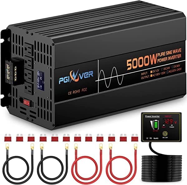 PGINVER Inversor de corriente de 5000 vatios, onda sinusoidal pura 12 V a 120 V inversor de coche con control remoto con cable, convertidor de corriente CC a CA con 4 salidas de CA de 120 V, 1 puerto USB/pantalla LCD, coche/camioneta/RV/inversor solar PI-30B