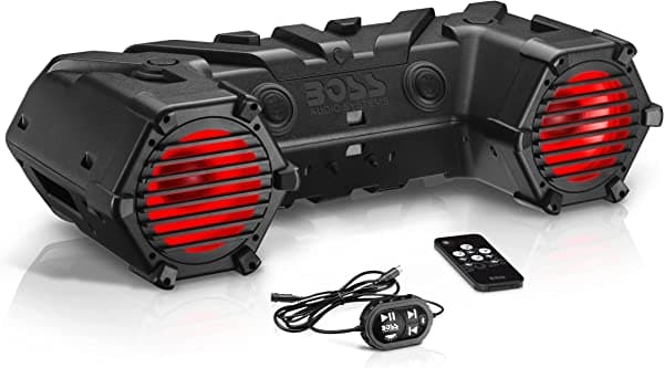 BOSS Audio Systems ATV95LRGB ATV UTV - Sistema de sonido resistente a la intemperie, altavoces de 8 pulgadas, tweeters de 1.5 pulgadas, amplificado, control remoto Bluetooth, barra de luz LED, compartimento de almacenamiento, fácil instalación para vehículos de 12 V