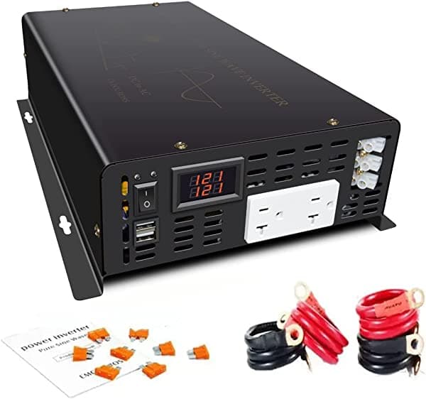 WZRELB Inversor de corriente de onda sinusoidal pura de 3000 vatios de 12 VCC a 120 VCA 6000 W pico de arranque suave integrado, salidas de CA duales de 2 puertos USB de 2.4 A y terminal de cable duro, convertidor solar fuera de la red, camiones RV (U5-300012)