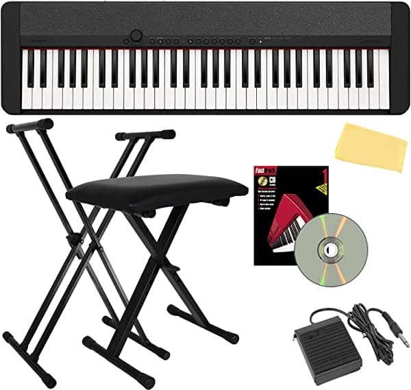 Casio Casiotone CT-S200 Teclado digital portátil de 61 teclas, paquete negro con soporte ajustable, banco, pedal de mantenimiento, libro de instrucciones, DVD de instrucciones de Austin Bazaar y paño de pulido CT-S1BK