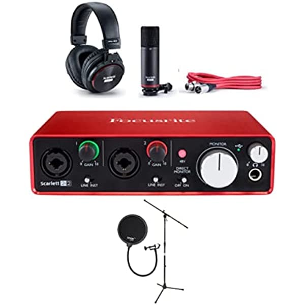 Focusrite SCARLETT set para grabación con micrófono CM25, auriculares, 2i2, código para software, cable para micrófono, soporte con pie y filtro pop. SCARLETT Studio Pack BUNDLE