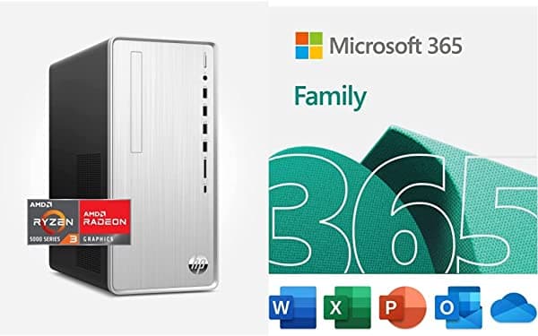 HP Pavilion PC de escritorio, AMD Ryzen 3 5300G, 4 GB de RAM, SSD de 256 GB, Windows 11 Home, Wi-Fi 5 y conectividad Bluetooth, combo de mouse y teclado con cable | Suscripción familiar Microsoft 365 de 15 meses
