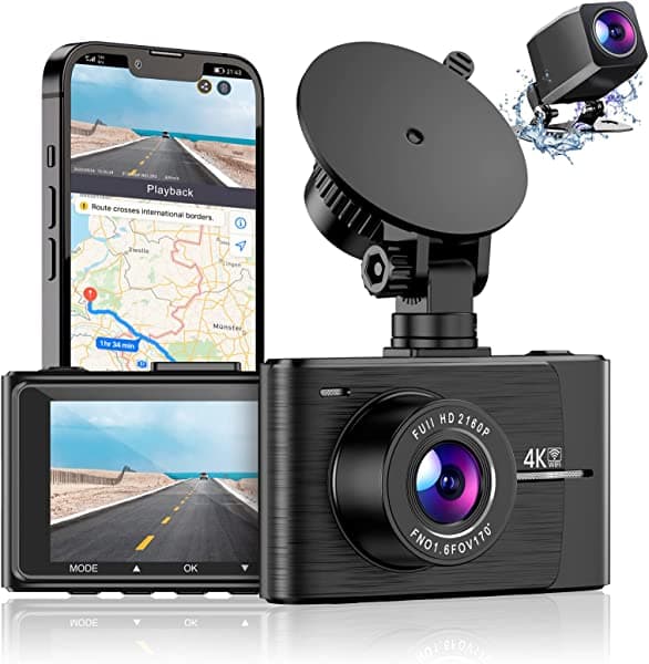 GUGTTR Dash cam 4K WiFi integrada con GPS frontal y trasera para automoviles UHD 2160P con tarjeta de 64GB, pantalla IPS de 3 pulgadas, gran angular de 170°, vision nocturna, WDR, grabacion de bucle, sensor G, monitor de estacionamiento