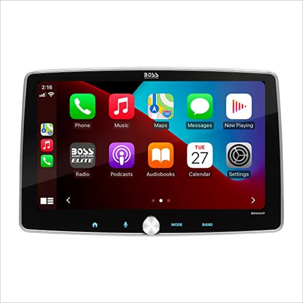 BOSS Audio Systems Elite BE9ACP - Apple CarPlay, Android Auto, chasis DIN individual con soportes de conversión DIN dobles, pantalla táctil capacitiva desmontable de 9 pulgadas, Bluetooth, sin DVD, iluminación RGB