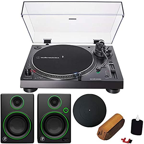 Audio-Technica AT-LP120XUSB - Tocadiscos de accionamiento directo analógico/USB, negro + paquete de inmersión de audio con plato, sistema de limpieza de discos de vinilo y monitores multimedia de referencia creativa Mackie de 3 pulgadas (par) E1ATLP120XUSBBK