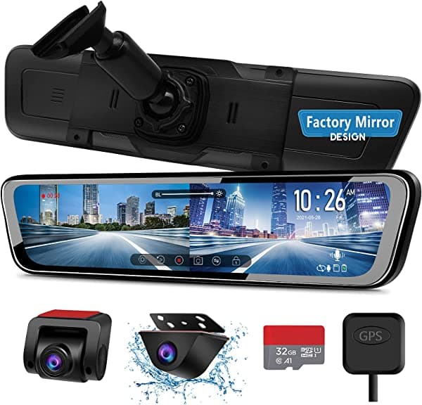 Urvolax Cámara De Espejo Oem De 12 Pulgadas Con Control De Voz Cámara De Espejo Retrovisor De Respaldo Para Automóvil Con Lente Frontal Independiente Pantalla De Doble División Digital Full Hd 1296P Visión Nocturna Asistencia De Estacionamiento Gps