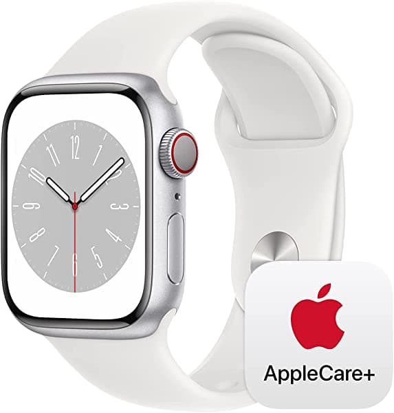 Apple Watch Series 8 GPS + funda de aluminio plateada de 1.61 pulgadas con correa deportiva blanca, S/M con AppleCare+ (2 años)
