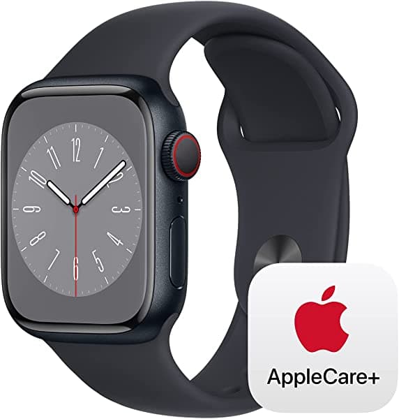 Apple Watch Series 8 GPS + funda de aluminio celular de 1.614 in con correa deportiva de medianoche, M/L con AppleCare+ (2 años)