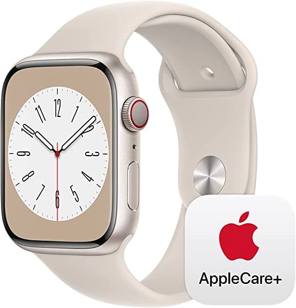 Apple Watch Series 8 - Carcasa de aluminio Starlight de 1.77 pulgadas con GPS + celular de 1.77 pulgadas con correa deportiva Starlight - M/L con AppleCare+ (2 años)