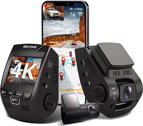 Rexing V1PGW-4K LCD de 2.4 pulgadas 2160p delantero + trasero de 1080p con GPS integrado, Wi-Fi de 170° gran angular de doble canal para cámara grabadora de tablero de coche con cámara trasera, sensor G, WDR, grabación de bucle, aplicación móvil (2022)