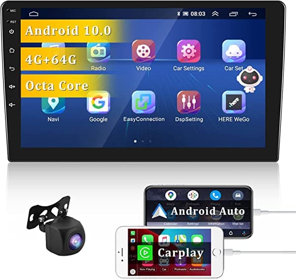 UNITOPSCI Estereo para auto doble DIN Android 10.0 con 4G+64G, CarPlay, Android Auto, control de voz con IA, pantalla tactil de 10.1 pulgadas en el tablero, navegacion GPS, compatible con WiFi GPS, Bluetooth, radio FM/AM con camara de retroceso A2424