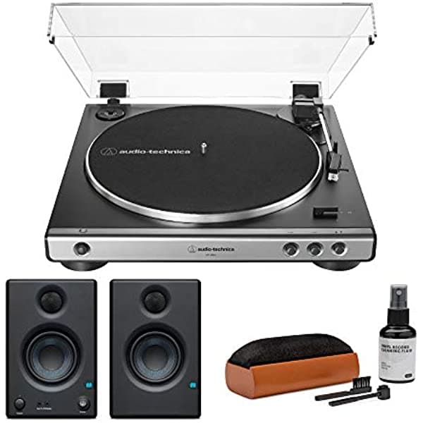 Audio-Technica AT-LP60X - Paquete de tocadiscos estéreo totalmente automático con transmisión por correa con par de monitores de estudio y paquete de sistema de cuidado de discos de vinilo (3 artículos) AT-LP60X-GM_K2