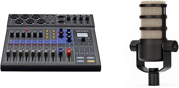 Zoom LiveTrak - Grabadora de podcast L-8, 4 salidas de auriculares, interfaz de audio de 12 entradas/4 salidas, ecualizador integrado y efectos y micrófono de podcasting dinámico cardioide