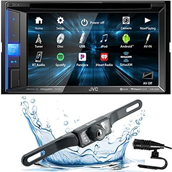 JVC KW-V25BT - Estereo para auto, doble DIN en el tablero con Bluetooth, CD/DVD/AM/FM/Digital con pantalla tactil de 6,2", Pandora, Spotify e iHeartRadio Control + camara de retroceso HD KWV25BT+XV95BK