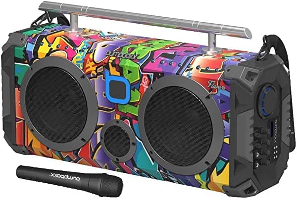 Bumpboxx Altavoz portátil Bluetooth Boombox Flare8 NYC Graffiti | Boombox retro con altavoz Bluetooth | Batería de litio recargable | Incluye micrófono inalámbrico, correa de transporte y control remoto 1