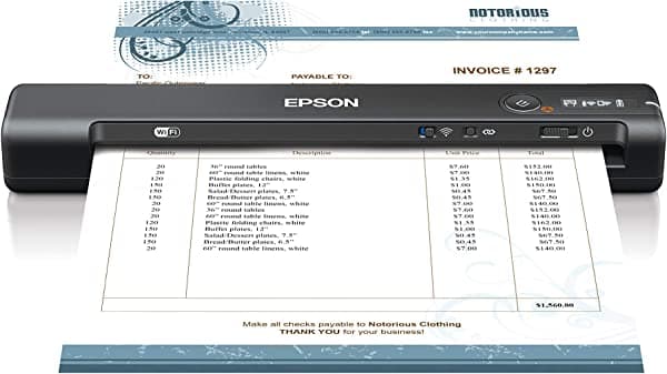 Epson Workforce ES-65WR - Escáner de documentos portátil inalámbrico alimentado por hojas con funciones de contabilidad premium para PC y Mac