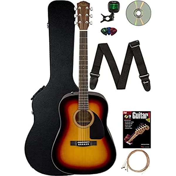 Fender CD-60 Dreadnought Guitarra acústica - Paquete negro con funda dura, correa, afinador, cuerdas, púas, libro de instrucciones y DVD instructivo de Austin Bazaar AUS-0970110232-COMBO-DLX