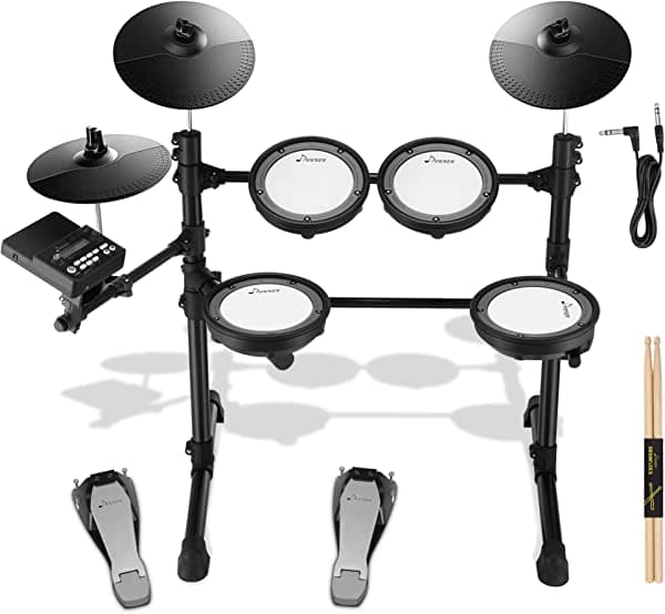 Donner DED-200 - Bateria electronica con 225 sonidos, parches de malla para principiantes, 8 piezas, banqueta de bateria, baquetas, auriculares, cable de audio, regalo de cumpleanos o Navidad, soporte de metal estable DED-100