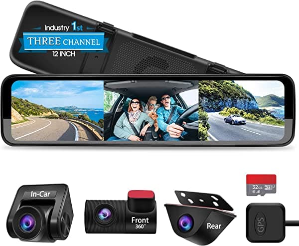 Pormido D50 Dash cam de triple espejo de 12 pulgadas con camara frontal e interior del auto, camara de seguridad impermeable de retrovision trasera antirreflejos, 1296P, pantalla tactil IPS, vision nocturna Starvis, GPS, asistencia de estacionamiento