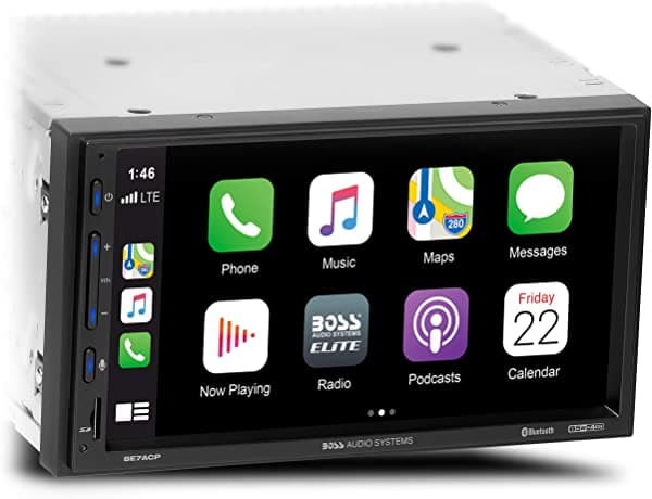 BOSS Audio Systems Elite BE7ACP - Reproductor multimedia para automóvil con Apple CarPlay Android Auto - Pantalla táctil LCD capacitiva de 7 pulgadas, doble Din, Bluetooth, sin reproductor de CD/DVD, USB, SD, entrada AV, radio AM/FM