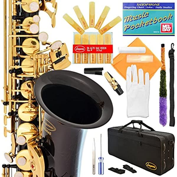 Saxofón alto Eb mi bemol, de Lazarro, con libro de bolsillo (idioma español no garantizado), funda y kit de mantenimiento, Estándar 360-BK