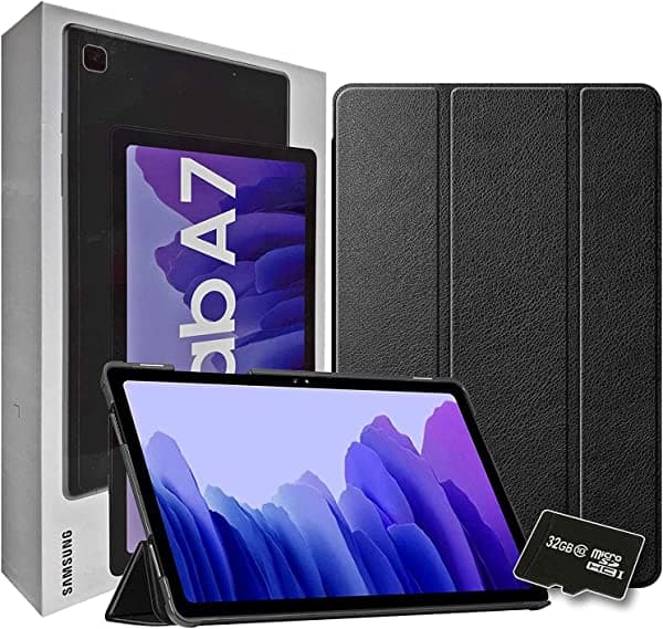 Samsung Galaxy Tab A7 2020 de 10.4 pulgadas y 32 GB Wi-Fi Android 10 pantalla táctil internacional para tableta (gris) - Carcasa rígida delgada de triple pliegue y tarjeta micro SD de 32 GB SM-T500-SET