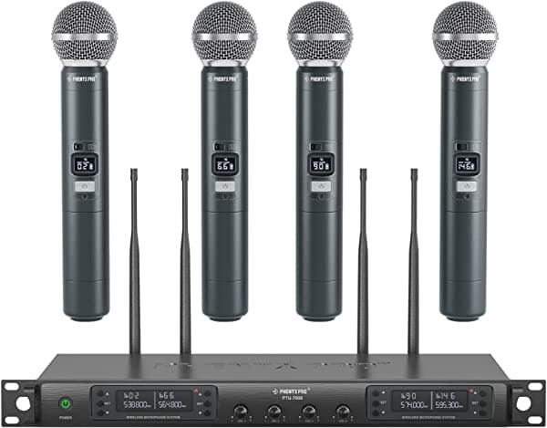 Sistema de micrófono inalámbrico, Phenyx Pro de cuatro canales, set de micrófono inalámbrico con micrófonos de mano de metal, 4 x 40 canales, escaneo automático, larga distancia de 328 pies, ideal para DJ, iglesia, eventos al aire libre (PTU-7000A) hmkn-42